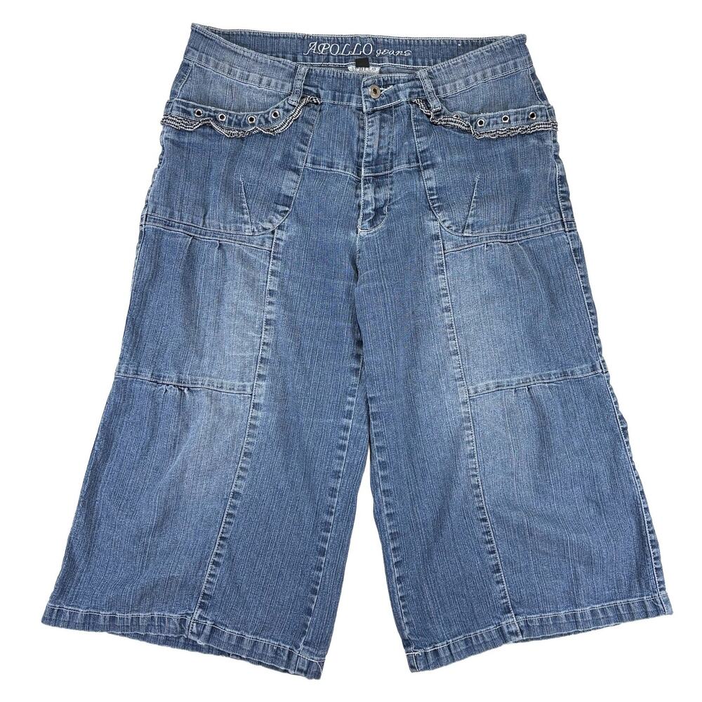 Apollo Jeans VTG Y2K Womens 13/14 Blue Denim Wide Leg Gaucho Capris Ruffle
